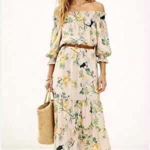 Off Shoulder Midi Dress Women’s Med Toucans Floral Birds Tropical 3/4 Sleeves